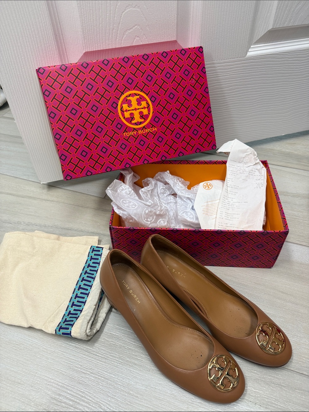 Tory Burch Brown Leather Ballet Flats with Gold Logo Medallion with dust bag